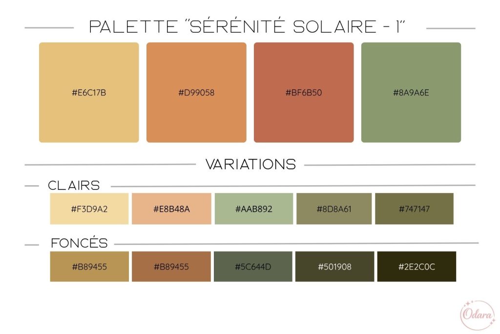 Palettes de couleurs harmonieuses pour le coloriage d'été, tons ocre, terre de sienne et bleu crépuscule.
