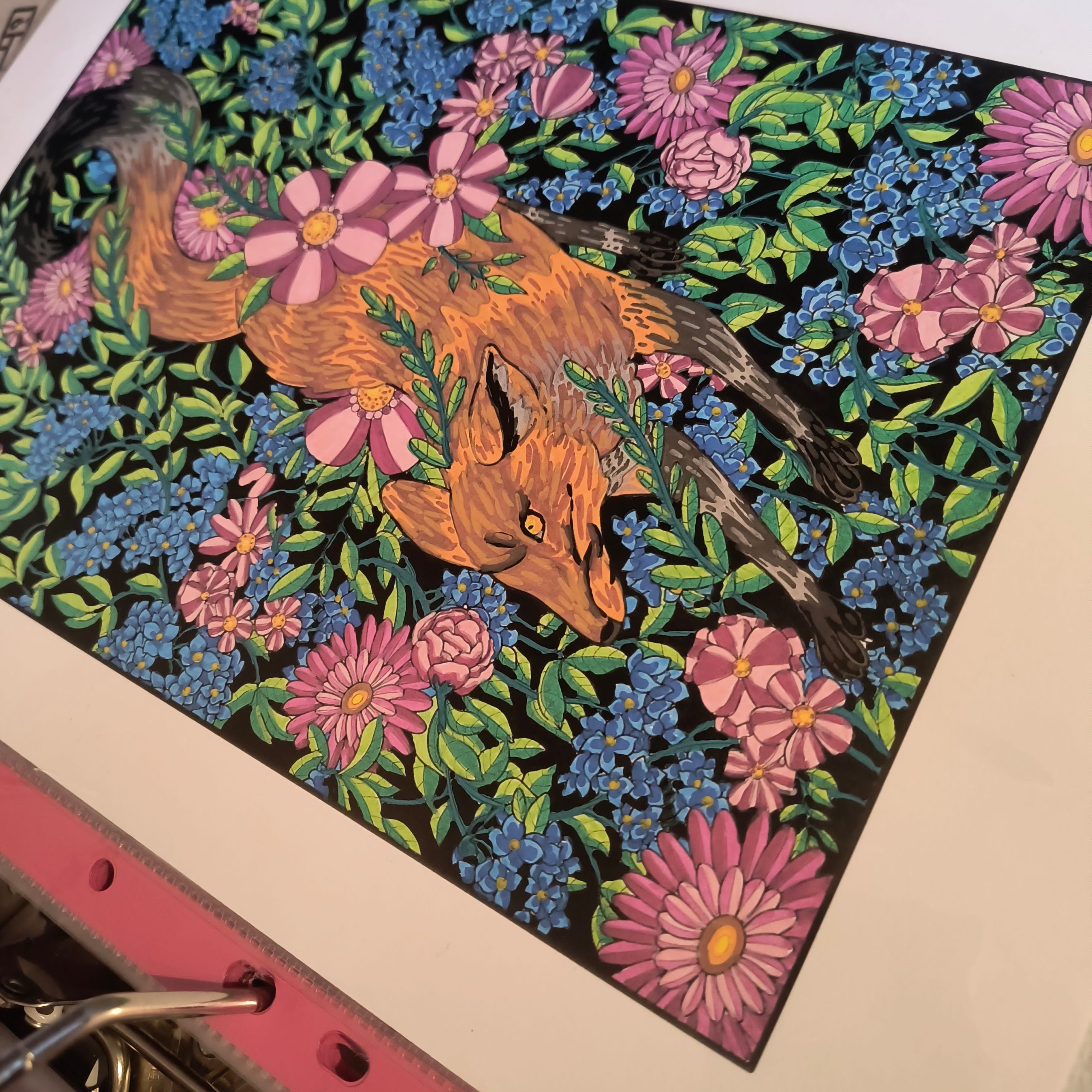 Coloriage d'un renard au feutre acrylique de l'artiste Océane D