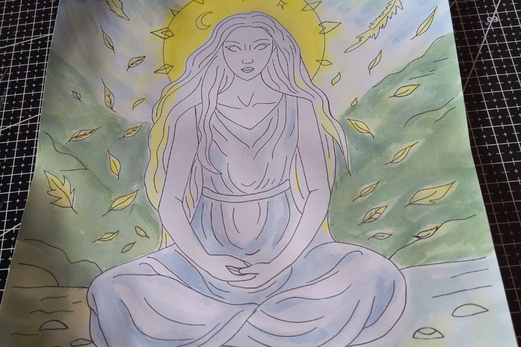 Premier aplat d'aquarelle sur un coloriage signé Odara pour un un tuto Mix media réussi